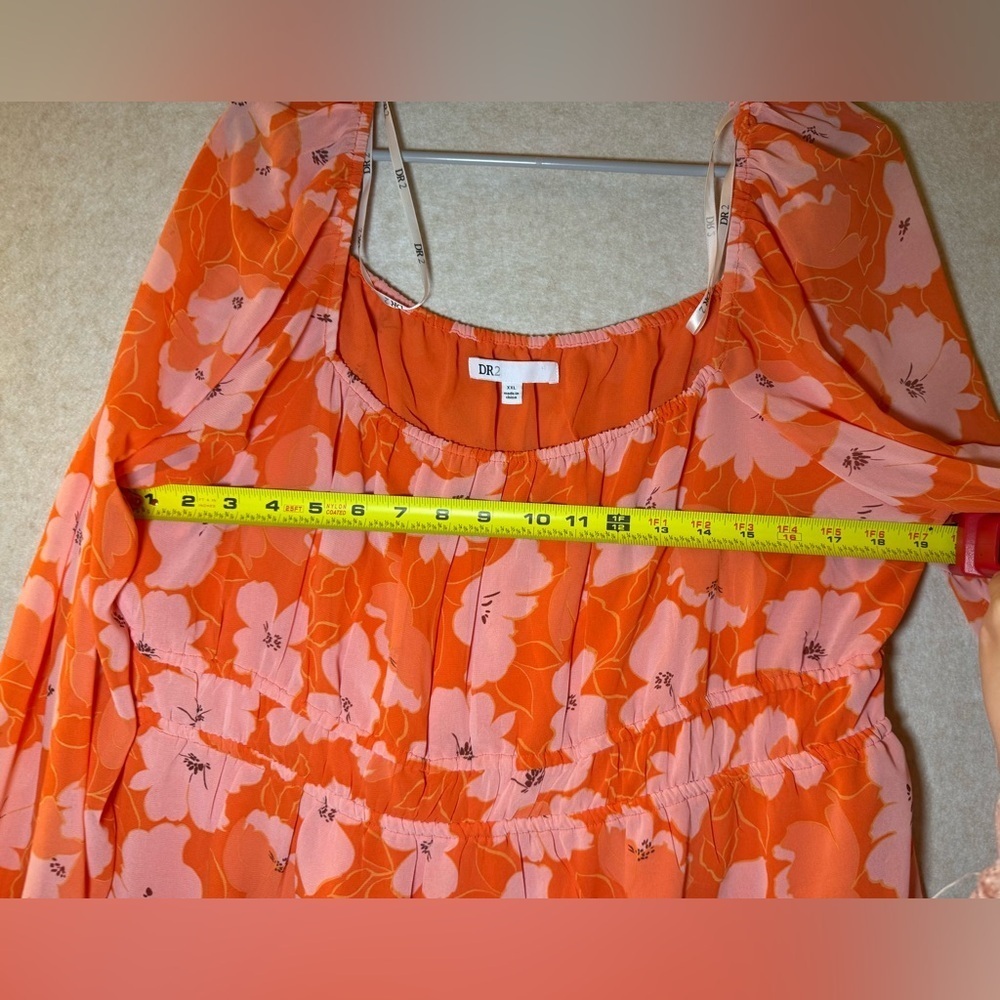 DR2 by Daniel Rainn Sheer Peasant Blouse Orange Pink Flower Design Size XXL - Picture 5 of 7